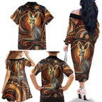 Australian Aboriginal Art Kangaroo Family Matching Off The Shoulder Long Sleeve Dress and Hawaiian Shirt Warm Earth Tones Aboriginal Dot Painting