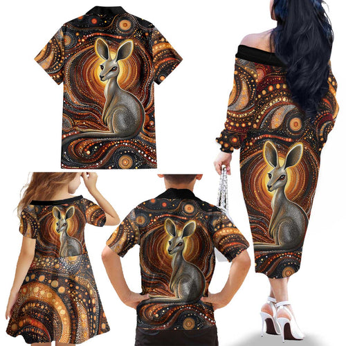 Australian Aboriginal Art Kangaroo Family Matching Off The Shoulder Long Sleeve Dress and Hawaiian Shirt Warm Earth Tones Aboriginal Dot Painting