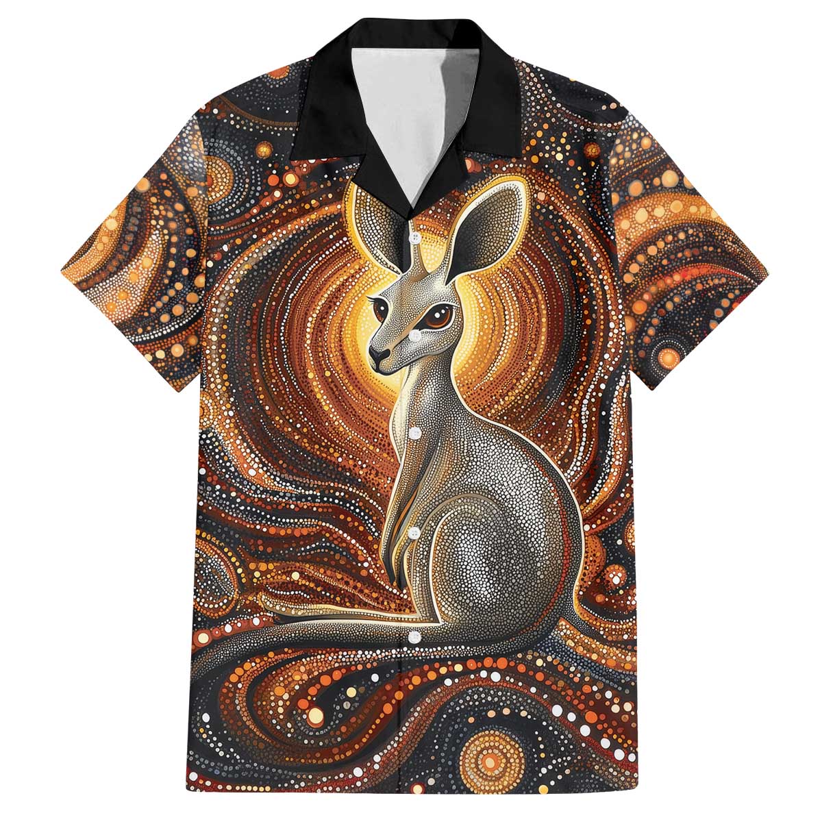 Australian Aboriginal Art Kangaroo Family Matching Off The Shoulder Long Sleeve Dress and Hawaiian Shirt Warm Earth Tones Aboriginal Dot Painting