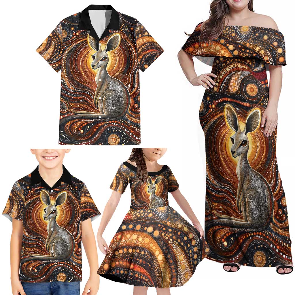 Australian Aboriginal Art Kangaroo Family Matching Off Shoulder Maxi Dress and Hawaiian Shirt Warm Earth Tones Aboriginal Dot Painting