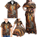 Australian Aboriginal Art Kangaroo Family Matching Off Shoulder Maxi Dress and Hawaiian Shirt Warm Earth Tones Aboriginal Dot Painting