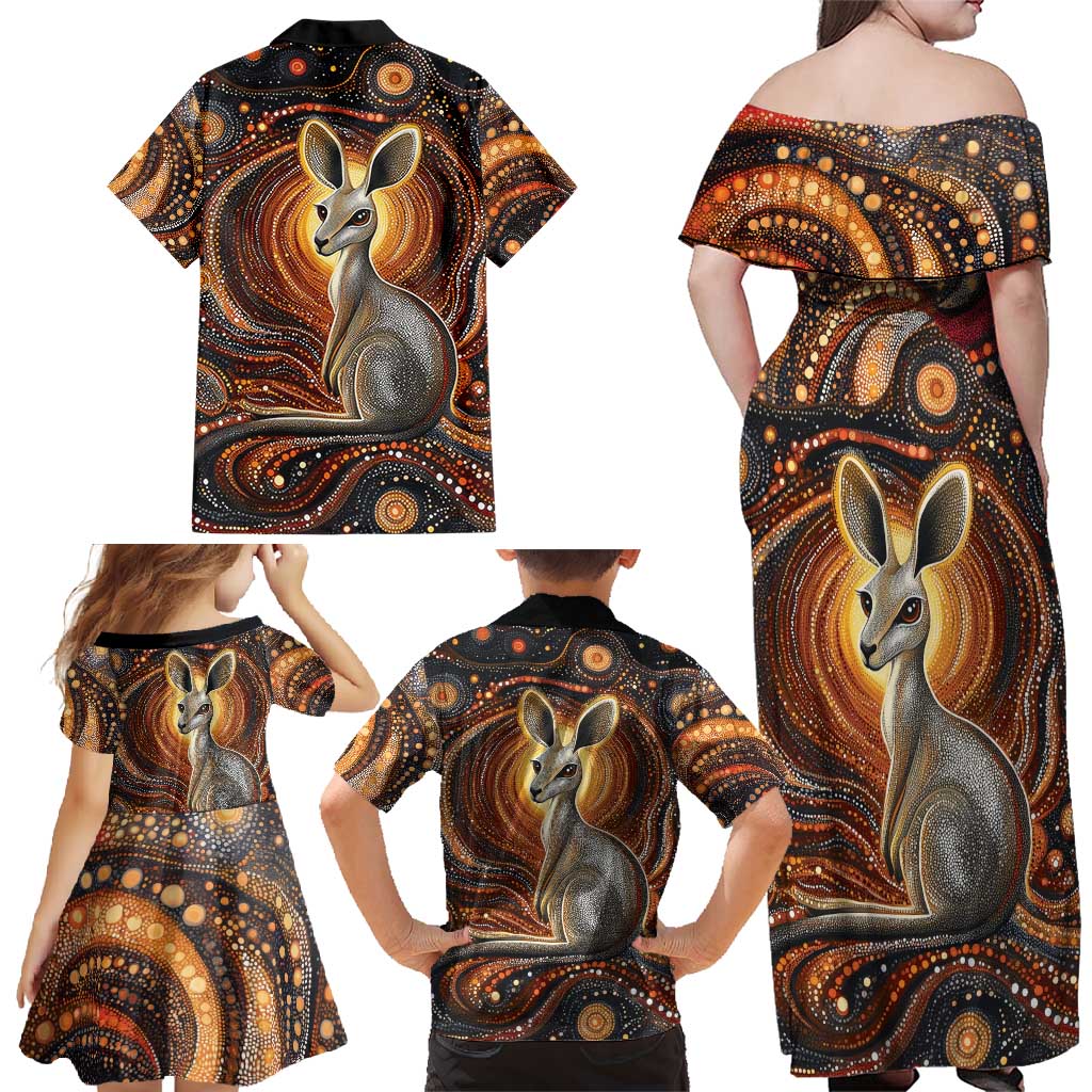 Australian Aboriginal Art Kangaroo Family Matching Off Shoulder Maxi Dress and Hawaiian Shirt Warm Earth Tones Aboriginal Dot Painting