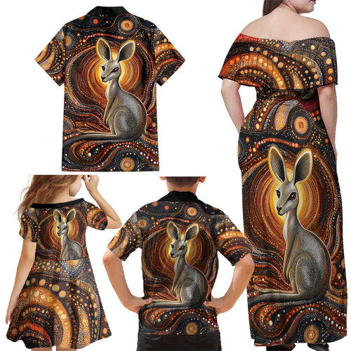 Australian Aboriginal Art Kangaroo Family Matching Off Shoulder Maxi Dress and Hawaiian Shirt Warm Earth Tones Aboriginal Dot Painting