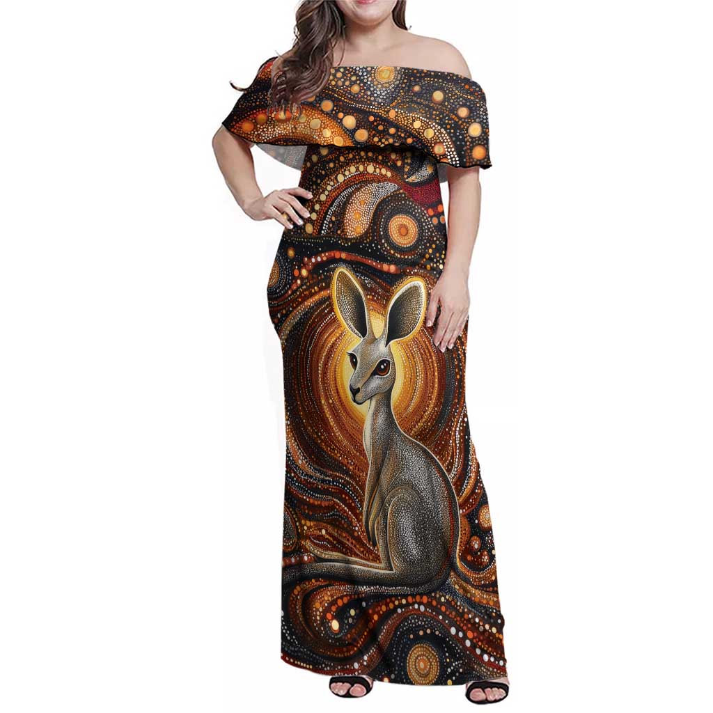 Australian Aboriginal Art Kangaroo Family Matching Off Shoulder Maxi Dress and Hawaiian Shirt Warm Earth Tones Aboriginal Dot Painting