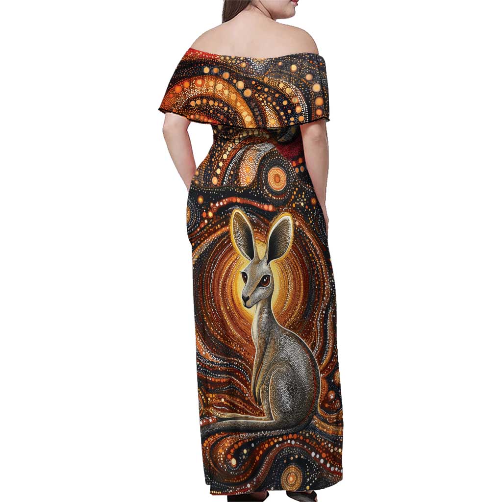 Australian Aboriginal Art Kangaroo Family Matching Off Shoulder Maxi Dress and Hawaiian Shirt Warm Earth Tones Aboriginal Dot Painting