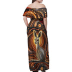 Australian Aboriginal Art Kangaroo Family Matching Off Shoulder Maxi Dress and Hawaiian Shirt Warm Earth Tones Aboriginal Dot Painting