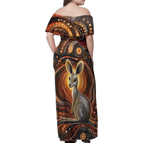 Australian Aboriginal Art Kangaroo Family Matching Off Shoulder Maxi Dress and Hawaiian Shirt Warm Earth Tones Aboriginal Dot Painting
