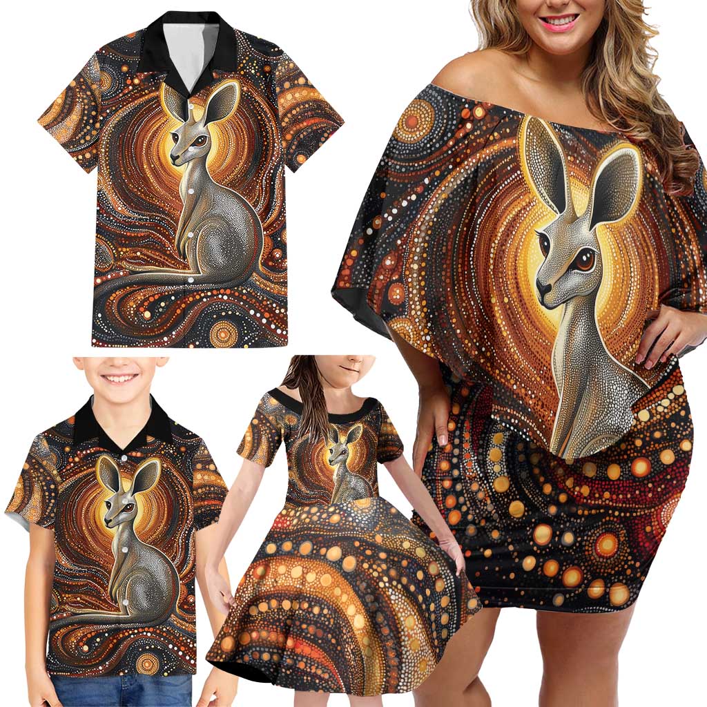 Australian Aboriginal Art Kangaroo Family Matching Off Shoulder Short Dress and Hawaiian Shirt Warm Earth Tones Aboriginal Dot Painting