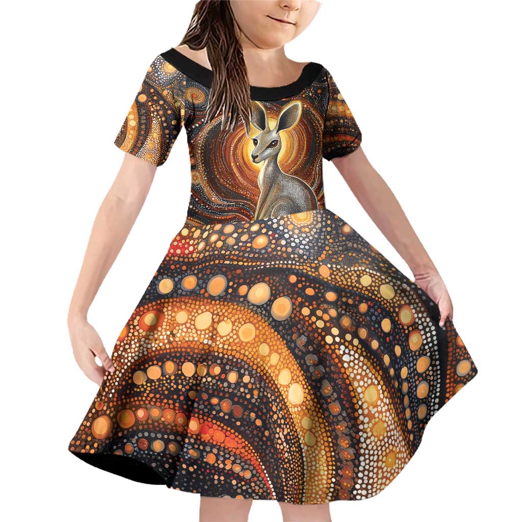 Australian Aboriginal Art Kangaroo Family Matching Off Shoulder Short Dress and Hawaiian Shirt Warm Earth Tones Aboriginal Dot Painting
