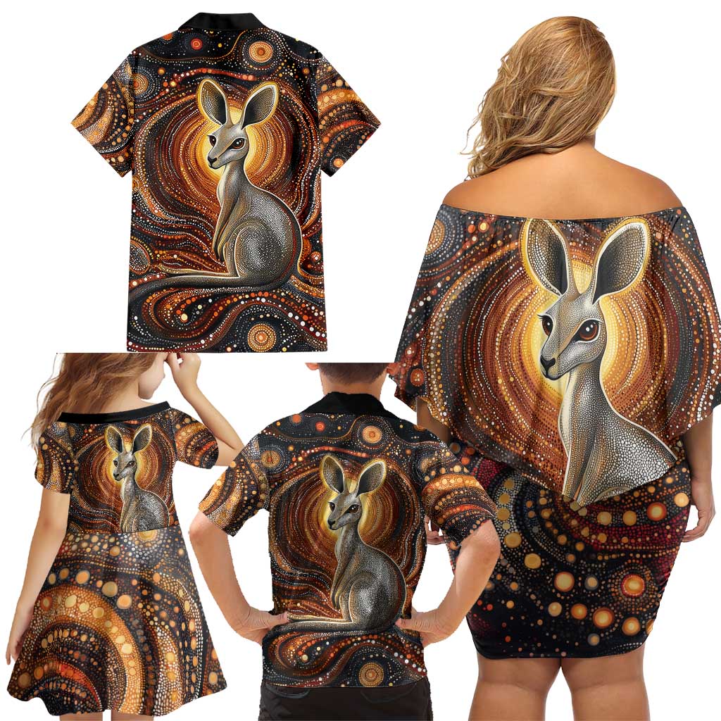 Australian Aboriginal Art Kangaroo Family Matching Off Shoulder Short Dress and Hawaiian Shirt Warm Earth Tones Aboriginal Dot Painting