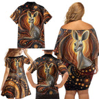 Australian Aboriginal Art Kangaroo Family Matching Off Shoulder Short Dress and Hawaiian Shirt Warm Earth Tones Aboriginal Dot Painting