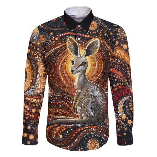 Australian Aboriginal Art Kangaroo Family Matching Off Shoulder Short Dress and Hawaiian Shirt Warm Earth Tones Aboriginal Dot Painting