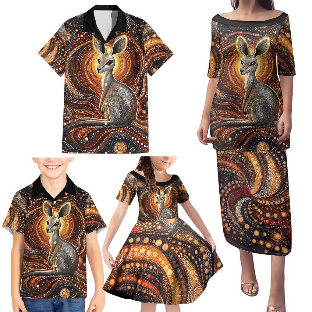 Australian Aboriginal Art Kangaroo Family Matching Puletasi and Hawaiian Shirt Warm Earth Tones Aboriginal Dot Painting