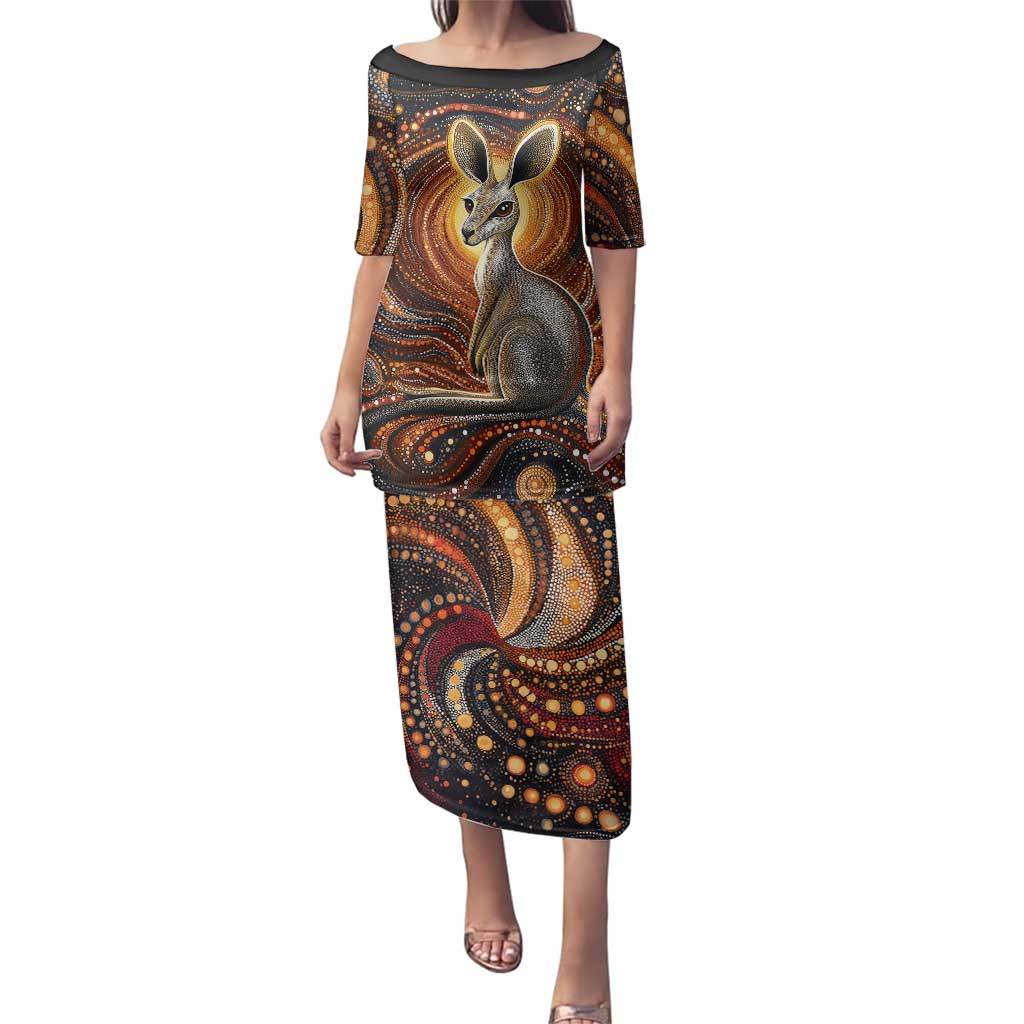Australian Aboriginal Art Kangaroo Family Matching Puletasi and Hawaiian Shirt Warm Earth Tones Aboriginal Dot Painting