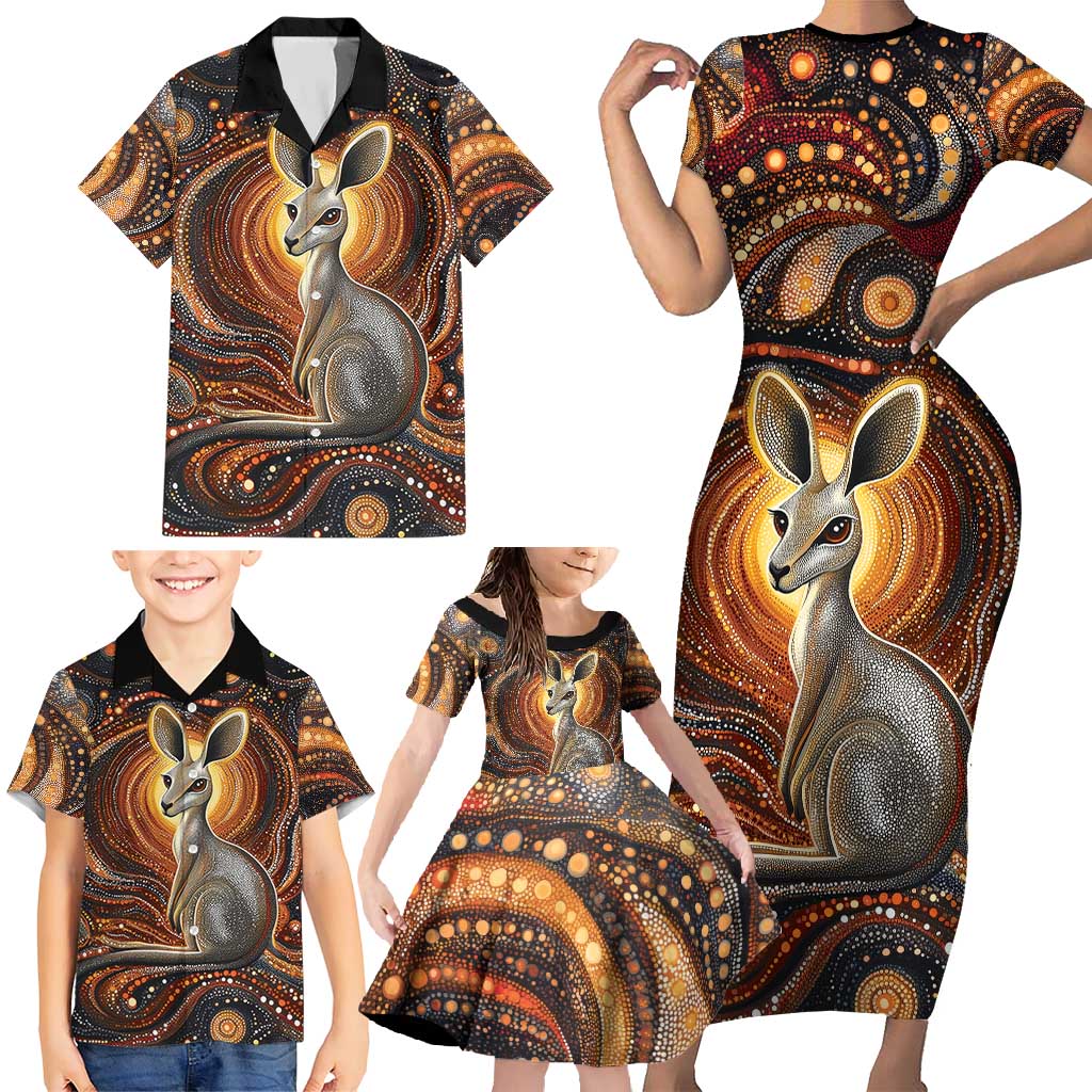 Australian Aboriginal Art Kangaroo Family Matching Short Sleeve Bodycon Dress and Hawaiian Shirt Warm Earth Tones Aboriginal Dot Painting