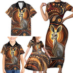 Australian Aboriginal Art Kangaroo Family Matching Short Sleeve Bodycon Dress and Hawaiian Shirt Warm Earth Tones Aboriginal Dot Painting