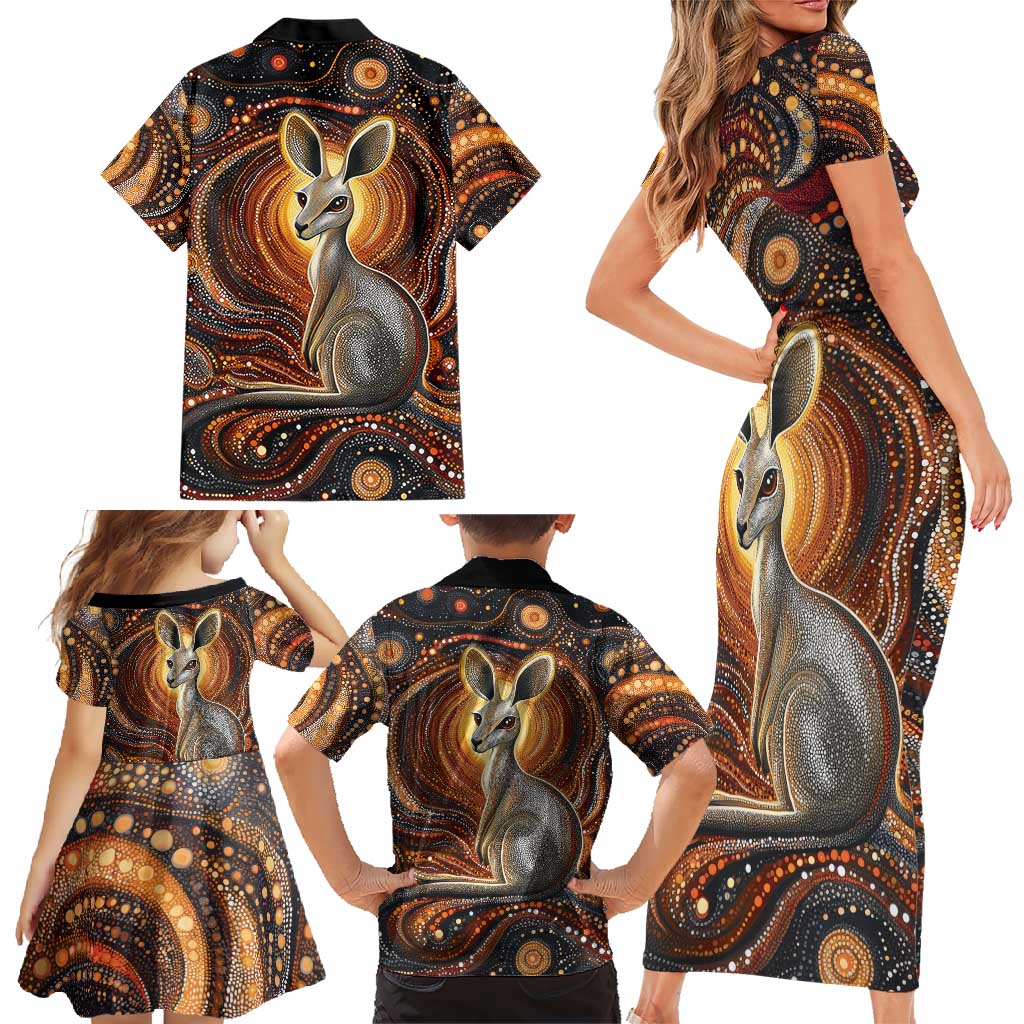 Australian Aboriginal Art Kangaroo Family Matching Short Sleeve Bodycon Dress and Hawaiian Shirt Warm Earth Tones Aboriginal Dot Painting