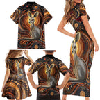 Australian Aboriginal Art Kangaroo Family Matching Short Sleeve Bodycon Dress and Hawaiian Shirt Warm Earth Tones Aboriginal Dot Painting