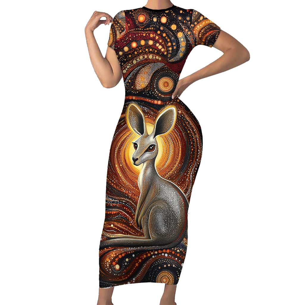 Australian Aboriginal Art Kangaroo Family Matching Short Sleeve Bodycon Dress and Hawaiian Shirt Warm Earth Tones Aboriginal Dot Painting