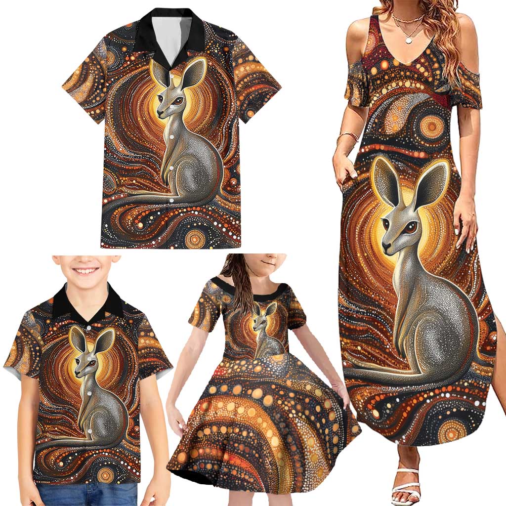 Australian Aboriginal Art Kangaroo Family Matching Summer Maxi Dress and Hawaiian Shirt Warm Earth Tones Aboriginal Dot Painting