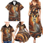 Australian Aboriginal Art Kangaroo Family Matching Summer Maxi Dress and Hawaiian Shirt Warm Earth Tones Aboriginal Dot Painting