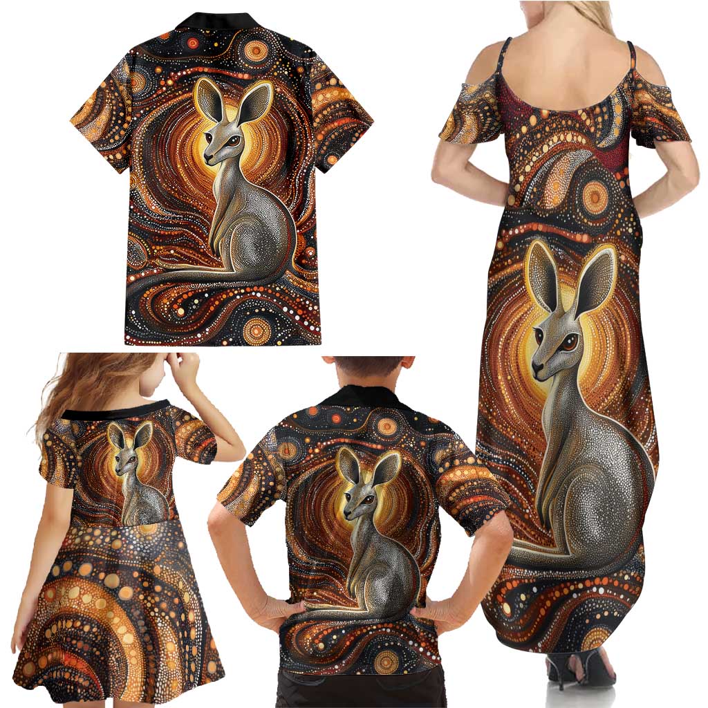 Australian Aboriginal Art Kangaroo Family Matching Summer Maxi Dress and Hawaiian Shirt Warm Earth Tones Aboriginal Dot Painting