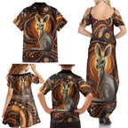 Australian Aboriginal Art Kangaroo Family Matching Summer Maxi Dress and Hawaiian Shirt Warm Earth Tones Aboriginal Dot Painting