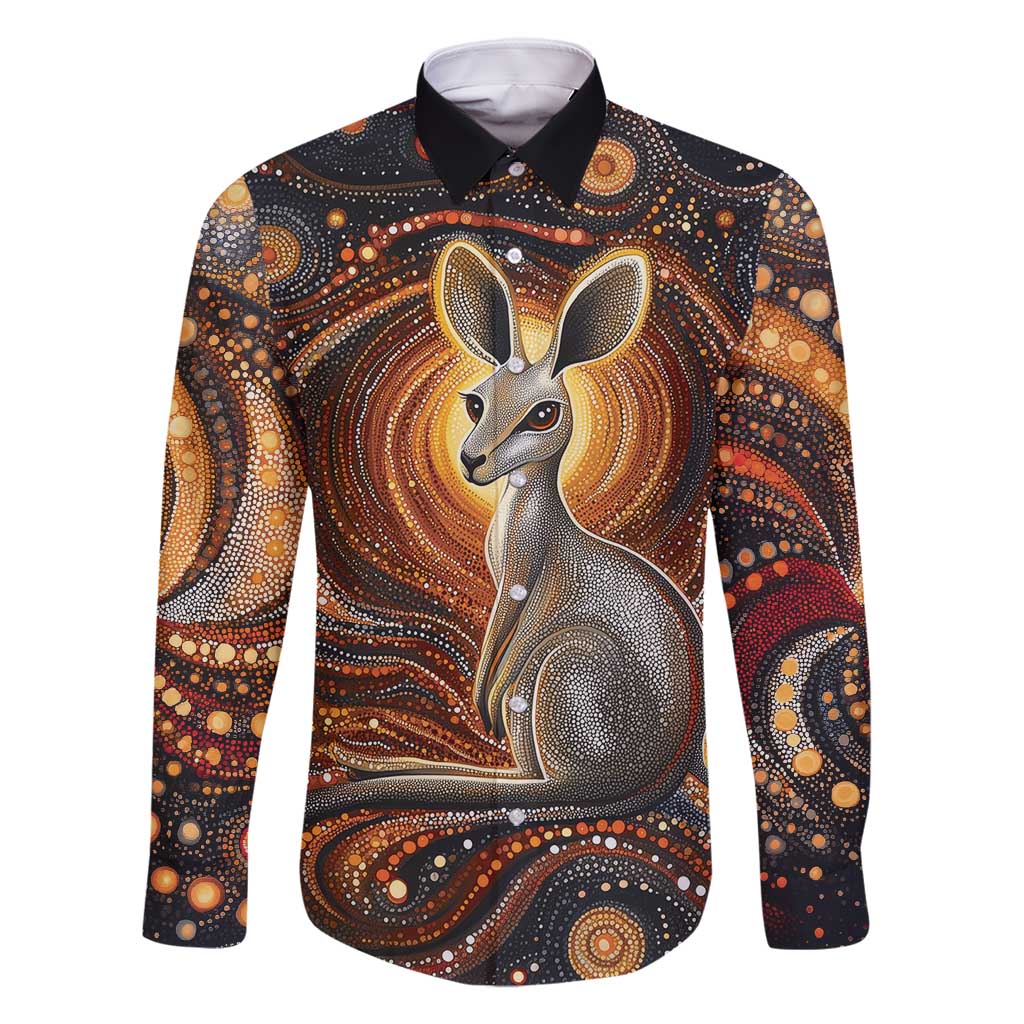 Australian Aboriginal Art Kangaroo Family Matching Summer Maxi Dress and Hawaiian Shirt Warm Earth Tones Aboriginal Dot Painting