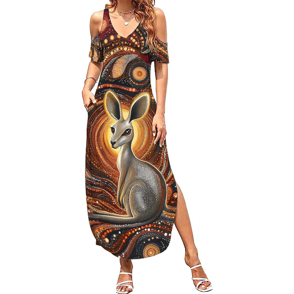 Australian Aboriginal Art Kangaroo Family Matching Summer Maxi Dress and Hawaiian Shirt Warm Earth Tones Aboriginal Dot Painting