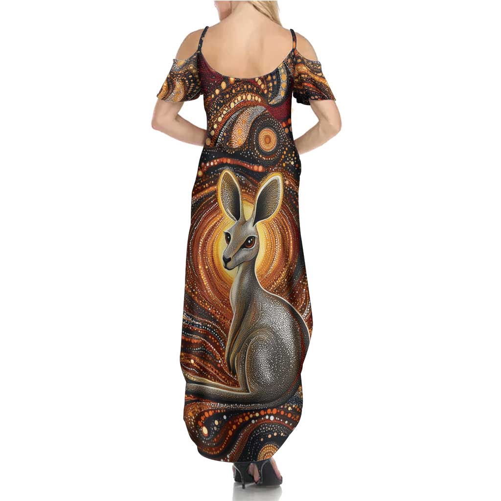 Australian Aboriginal Art Kangaroo Family Matching Summer Maxi Dress and Hawaiian Shirt Warm Earth Tones Aboriginal Dot Painting