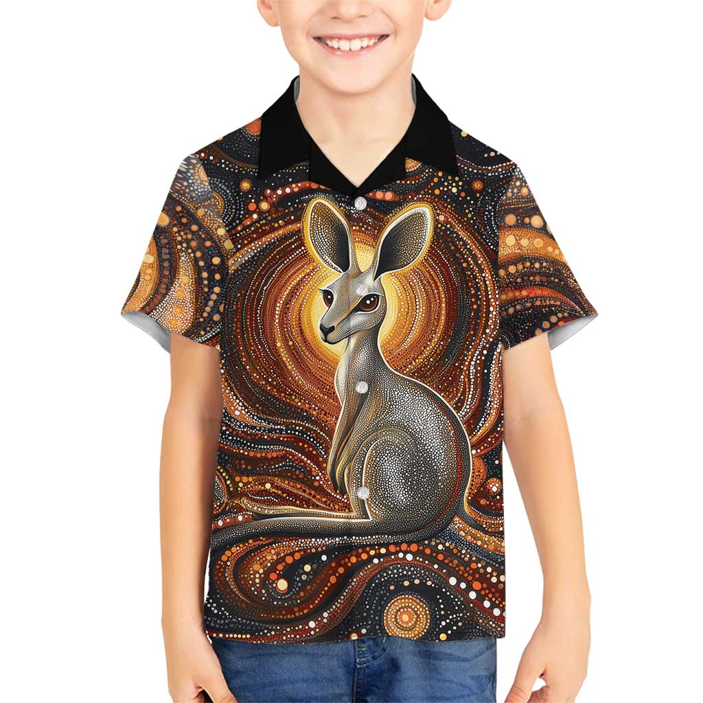 Australian Aboriginal Art Kangaroo Family Matching Summer Maxi Dress and Hawaiian Shirt Warm Earth Tones Aboriginal Dot Painting