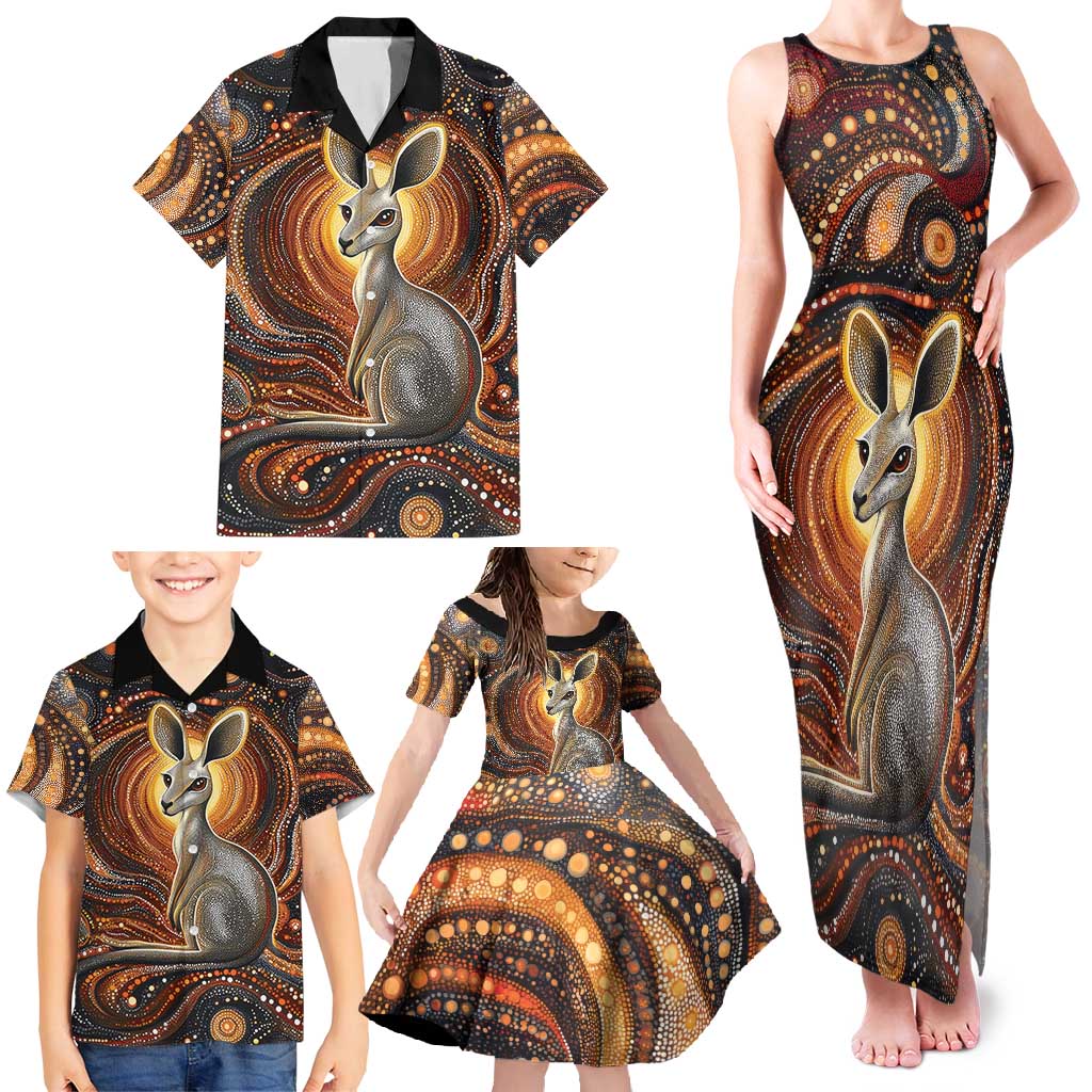 Australian Aboriginal Art Kangaroo Family Matching Tank Maxi Dress and Hawaiian Shirt Warm Earth Tones Aboriginal Dot Painting