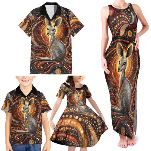 Australian Aboriginal Art Kangaroo Family Matching Tank Maxi Dress and Hawaiian Shirt Warm Earth Tones Aboriginal Dot Painting