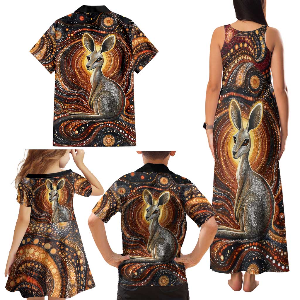 Australian Aboriginal Art Kangaroo Family Matching Tank Maxi Dress and Hawaiian Shirt Warm Earth Tones Aboriginal Dot Painting
