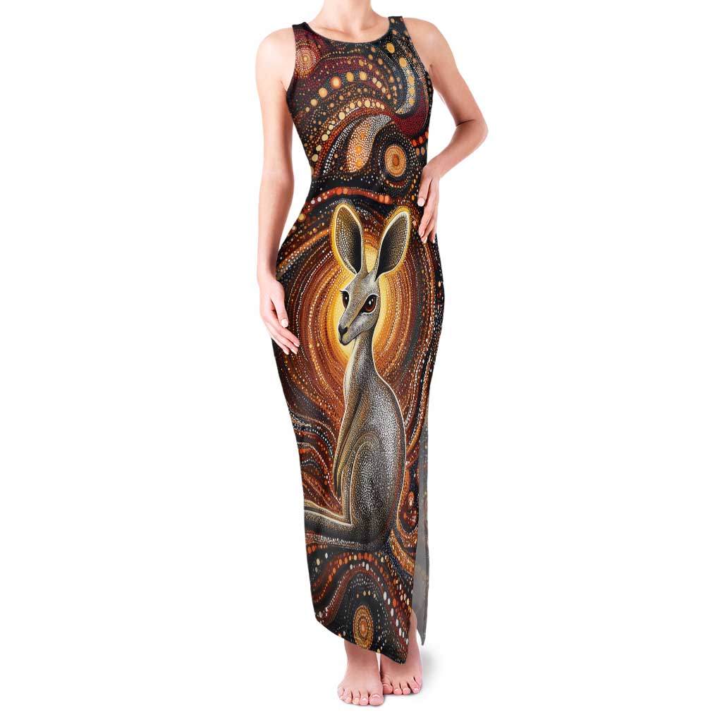 Australian Aboriginal Art Kangaroo Family Matching Tank Maxi Dress and Hawaiian Shirt Warm Earth Tones Aboriginal Dot Painting
