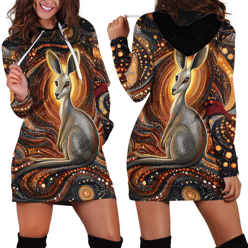 Australian Aboriginal Art Kangaroo Hoodie Dress Warm Earth Tones Aboriginal Dot Painting