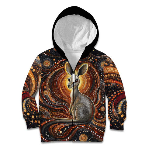 Australian Aboriginal Art Kangaroo Kid Hoodie Warm Earth Tones Aboriginal Dot Painting
