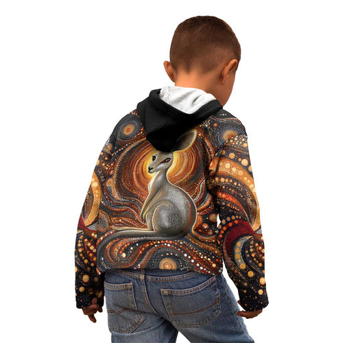 Australian Aboriginal Art Kangaroo Kid Hoodie Warm Earth Tones Aboriginal Dot Painting