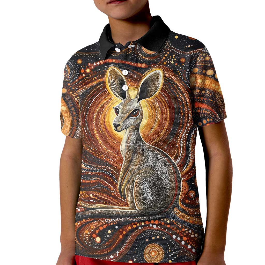 Australian Aboriginal Art Kangaroo Kid Polo Shirt Warm Earth Tones Aboriginal Dot Painting