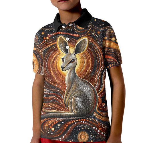 Australian Aboriginal Art Kangaroo Kid Polo Shirt Warm Earth Tones Aboriginal Dot Painting