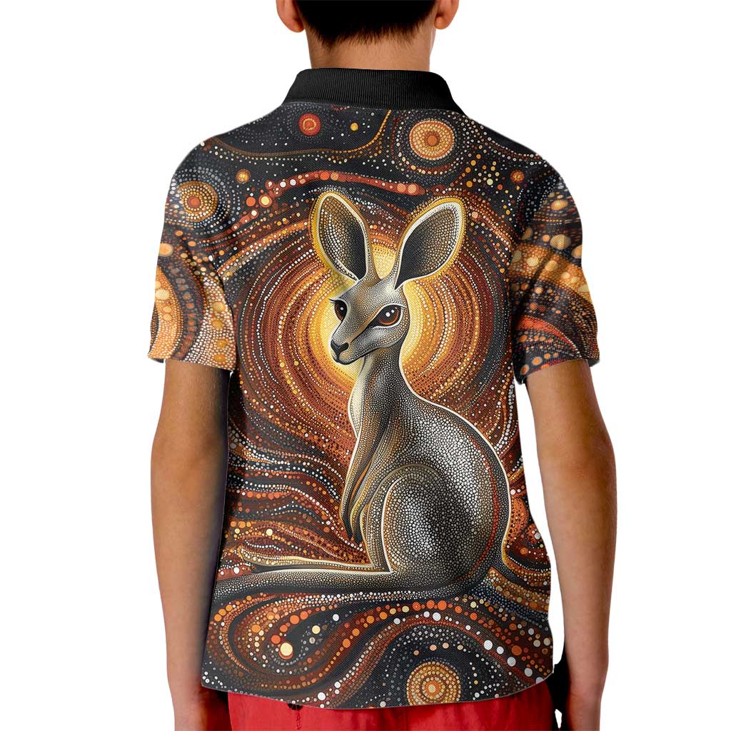 Australian Aboriginal Art Kangaroo Kid Polo Shirt Warm Earth Tones Aboriginal Dot Painting