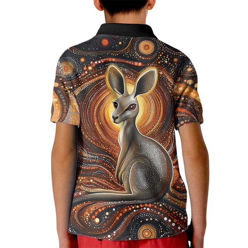 Australian Aboriginal Art Kangaroo Kid Polo Shirt Warm Earth Tones Aboriginal Dot Painting