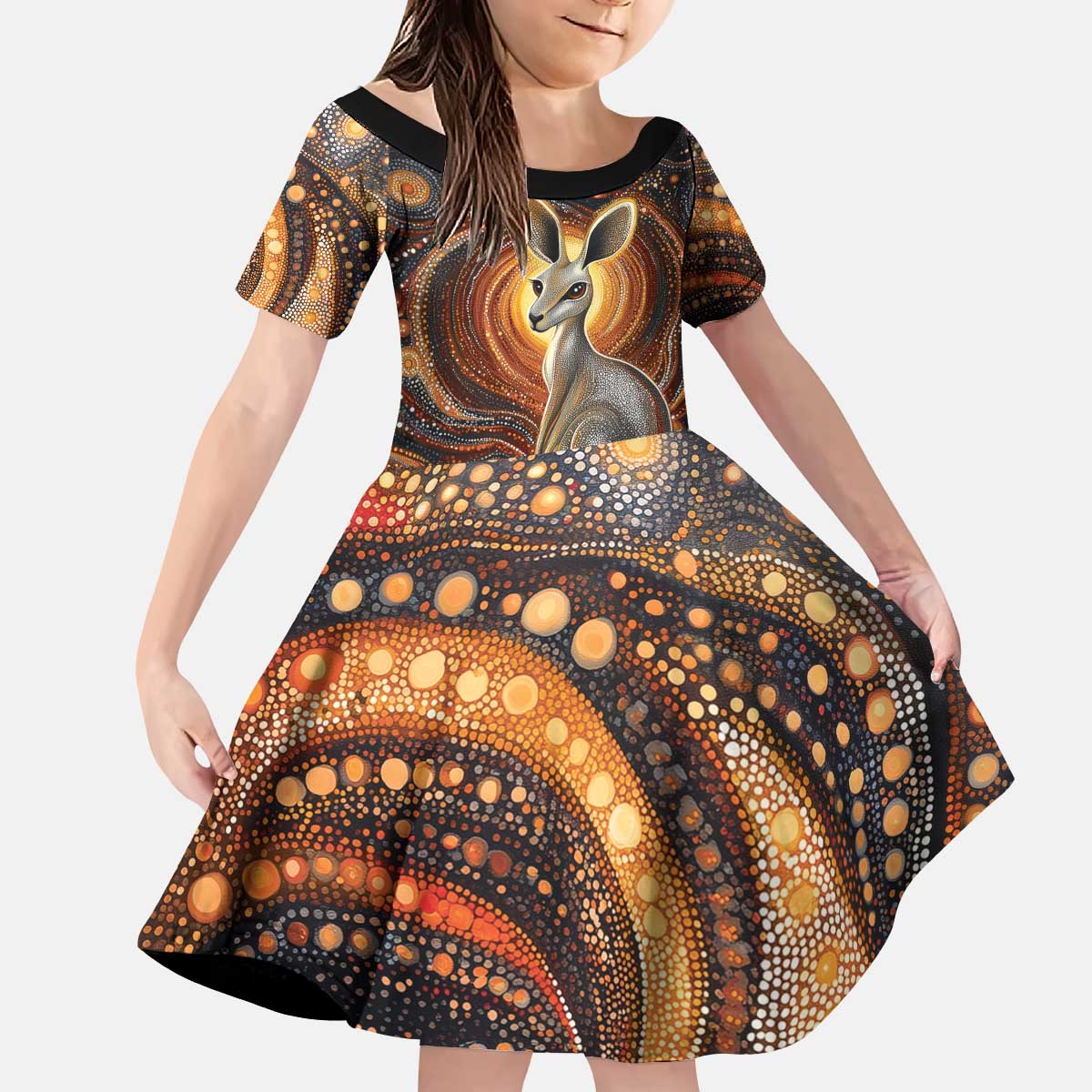 Australian Aboriginal Art Kangaroo Kid Short Sleeve Dress Warm Earth Tones Aboriginal Dot Painting