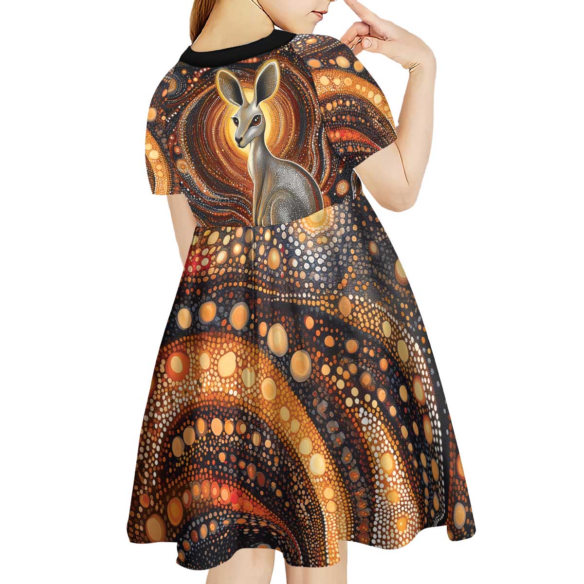 Australian Aboriginal Art Kangaroo Kid Short Sleeve Dress Warm Earth Tones Aboriginal Dot Painting