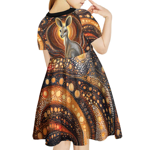 Australian Aboriginal Art Kangaroo Kid Short Sleeve Dress Warm Earth Tones Aboriginal Dot Painting