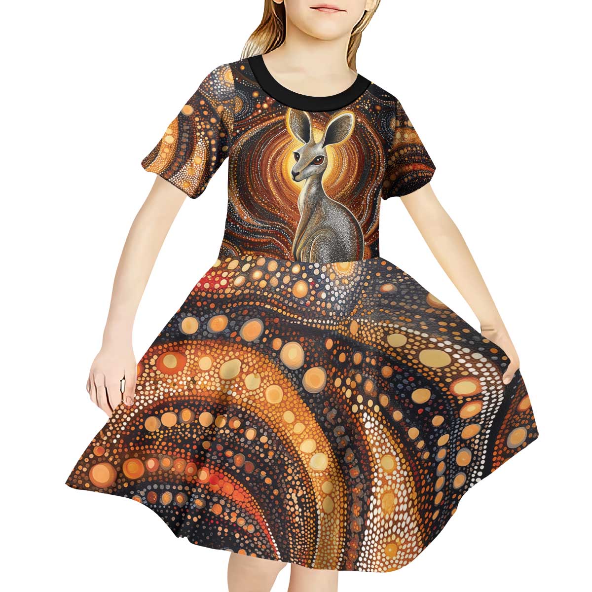 Australian Aboriginal Art Kangaroo Kid Short Sleeve Dress Warm Earth Tones Aboriginal Dot Painting