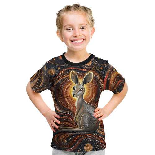 Australian Aboriginal Art Kangaroo Kid T Shirt Warm Earth Tones Aboriginal Dot Painting