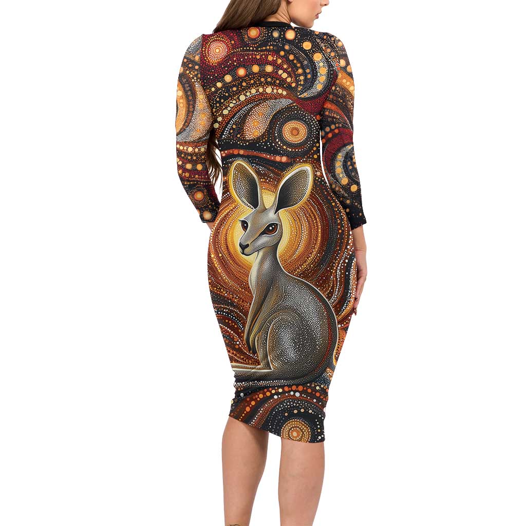 Australian Aboriginal Art Kangaroo Long Sleeve Bodycon Dress Warm Earth Tones Aboriginal Dot Painting