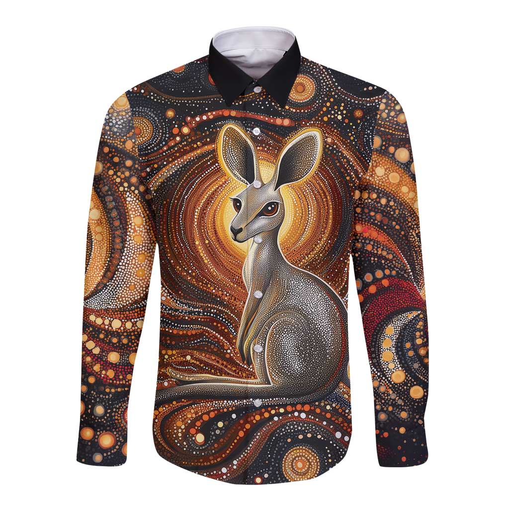 Australian Aboriginal Art Kangaroo Long Sleeve Button Shirt Warm Earth Tones Aboriginal Dot Painting
