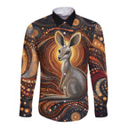 Australian Aboriginal Art Kangaroo Long Sleeve Button Shirt Warm Earth Tones Aboriginal Dot Painting